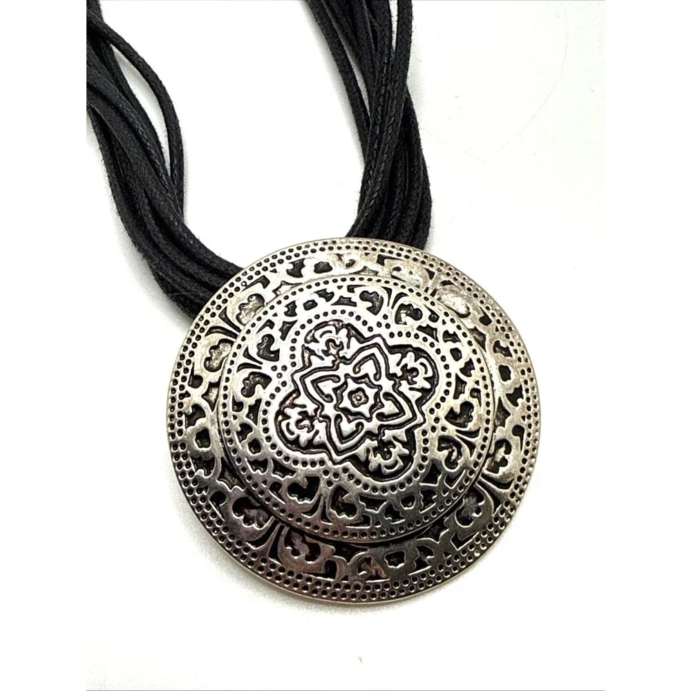 Vintage St. Thomas Pendant Necklace Ornate Amulet Multi Strand Black Cord 20”